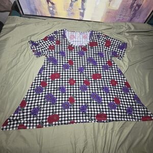 LuLaRoe Black and White Checkered Dress with Red and Purple Floral
